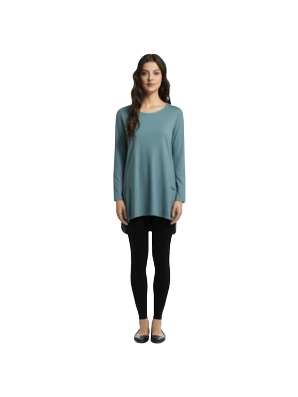New - Simply Noelle Scoop Neck Teal Lagenlook Roll Tab Sleeve Tunic Top S/M